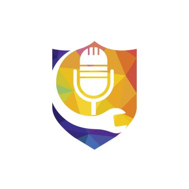 Podcast vektör logo tasarımını onar. İngiliz anahtarı ve mikrofon simgesi tasarımı.