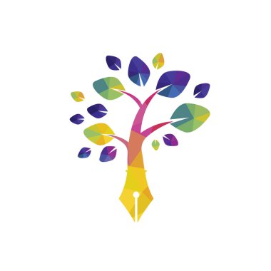 Ağaç kalem vektör logosu tasarım şablonu. Yazar ve doğa logosu kavramı.