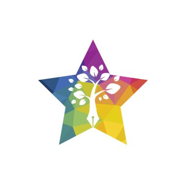 Ağaç kalem vektör logosu tasarım şablonu. Yazar aşkı ve doğa logosu kavramı.