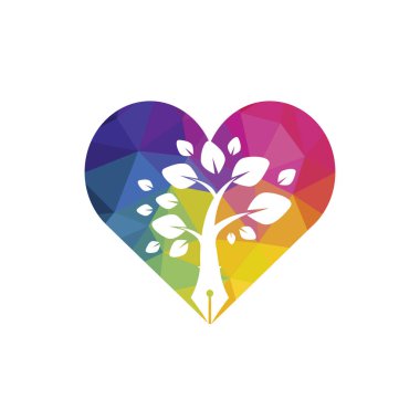 Ağaç kalem vektör logosu tasarım şablonu. Yazar aşkı ve doğa logosu kavramı.