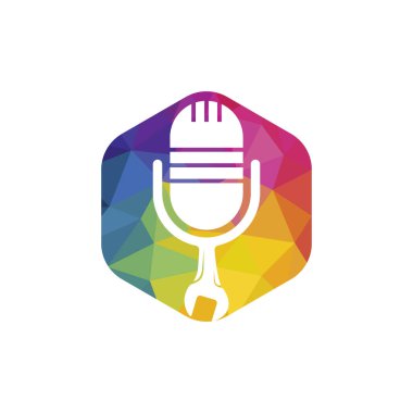 Podcast vektör logo tasarımını onar. İngiliz anahtarı ve mikrofon simgesi tasarımı.