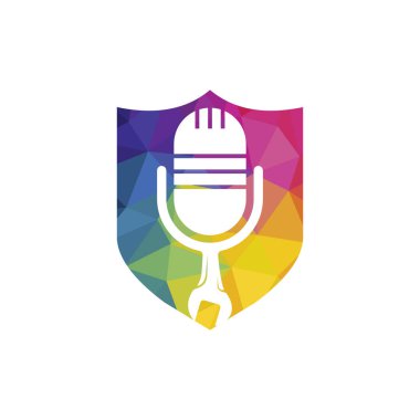 Podcast vektör logo tasarımını onar. İngiliz anahtarı ve mikrofon simgesi tasarımı.