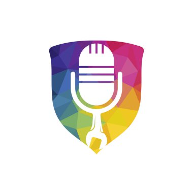 Podcast vektör logo tasarımını onar. İngiliz anahtarı ve mikrofon simgesi tasarımı.