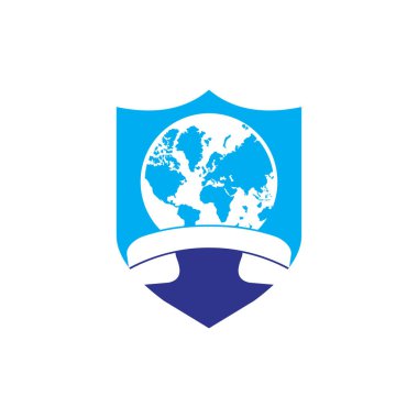 Cep telefonu vektör logosuna sahip dünya. Uluslararası çağrı simgesi logo şablonu tasarımı.