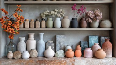 Çeşitli Seramik Vazolar ve Çiçekler ile Rafta Görüntüleme