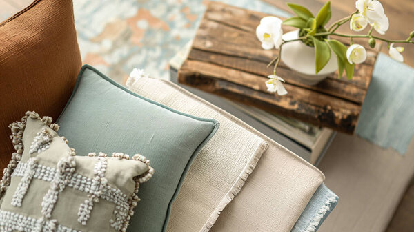 Cozy Home Decor with Textured Pillows and Wooden Table