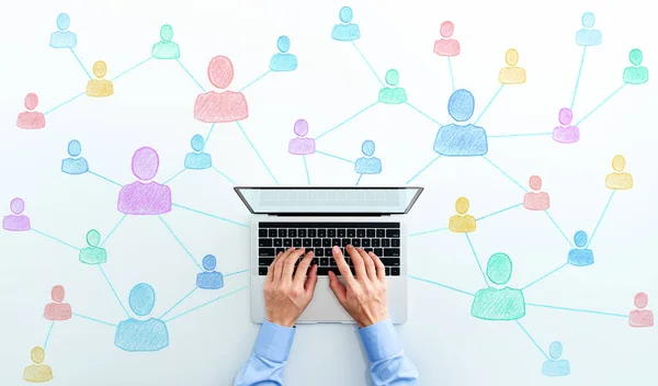 People network on internet. Using laptop on white background. Concept image of social network community