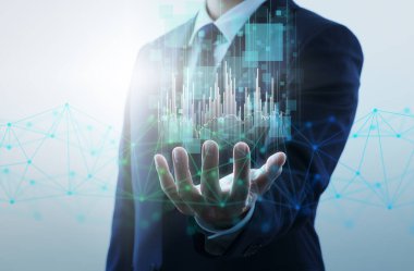 Veri analizi ve ağ teknolojisi. İş adamı, ağ yapısı ve grafiği