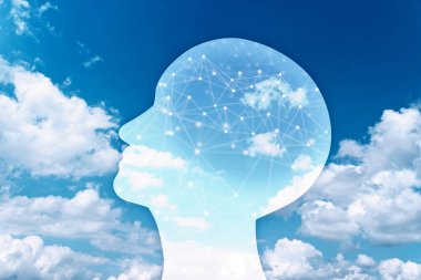 Mental strength and clear thinking. Human head silhouette and sky clipart