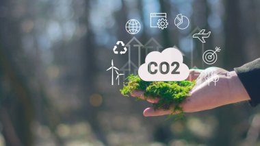 Çevre, küresel ısınma, sürdürülebilir kalkınma ve yenilenebilir enerjiye dayalı yeşil işletmeler için eldeki CO2 emisyon kavramını azaltmak. Kapat.
