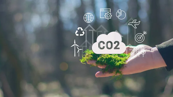 Ridurre Concetto Emissioni Co2 Mano Ambiente Riscaldamento Globale Sviluppo Sostenibile — Foto Stock