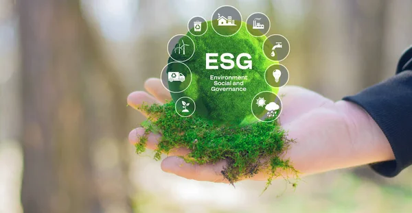 Hand Human Holding Green Earth Esg Icon Environment Social Governance — Foto Stock