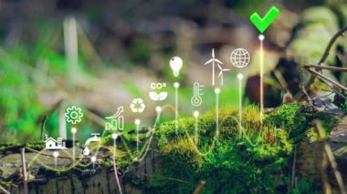 CO2, küresel ısınma ve iklim değişikliğini sınırlamak için emisyonları ve karbon ayak izini azaltır. Yenilenebilir enerjiye dayalı sürdürülebilir kalkınma ve yeşil işletme. Ekoloji konsepti 4k video