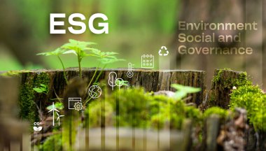 ESG simge konsepti. Yeşil arka planda sürdürülebilir ve etik sektörde çevre, sosyal ve yönetim. CO2 kavramı, çevre teknolojisini, yeşil teknolojiyi azaltır
