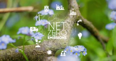 Yeşil doğa arka planında dönen küre, Net sıfır emisyon ikonları, ESG, CO2, şirket dairesel ve temiz sıfır ortamı. Teknolojiler Çevre, Örgüt Çevrenin Sürdürülebilir Gelişimi