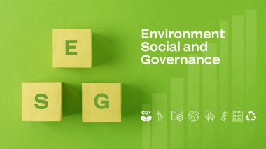 ESG simge konsepti. Çevresel sosyal ve yönetim sürdürülebilir ve etik işlerde yeşil bir altyapıda. Çevre teknolojisi yeşil teknoloji