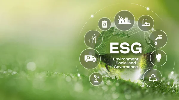 Çevresel Sosyal Yönetim Yatırım Konsepti. ESG simgeleri. Kristal küre. İş yatırım stratejisi kavramı