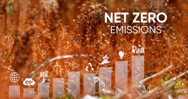 Ağ sıfır emisyon ve karbon nötr konsept. Net sıfır sera gazı emisyon hedefi. İklim tarafsız uzun vadeli stratejisi. Zehirli gaz yok..