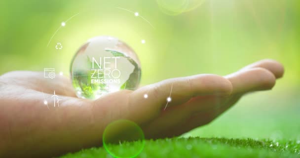 Čisté Nulové Uhlíkově Neutrální Koncepce Globe Glass Net Zero Icons — Stock video