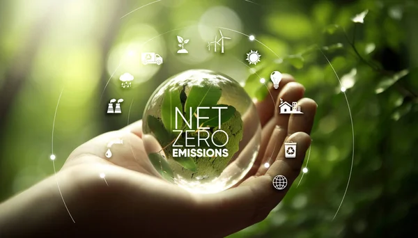 Net zero emission.Human hand holding crystal globe with greenleaf Net zero concept
