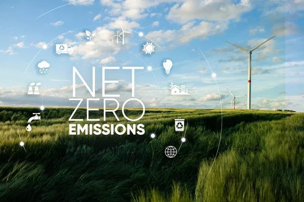 Net zero , carbon neutral concept. Net zero greenhouse gas emissions target. Climate neutral long term strategy with green net zero icon and green icon on green circles doodle background
