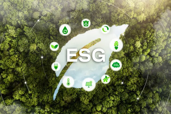 ESG Çevre Yönetimi Yatırım Yatırım Konsepti. ESG simgeleri. İş yatırım stratejisi kavramı