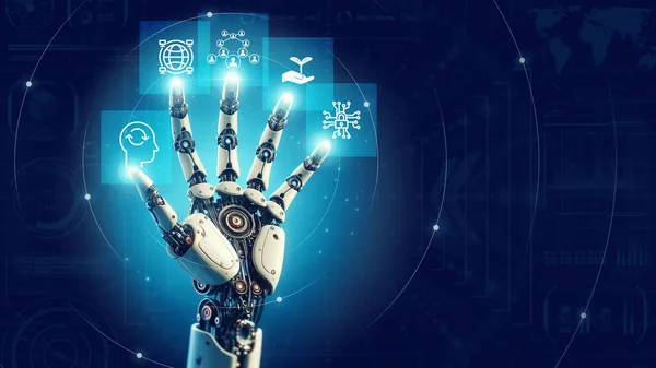 Sanal ekran 2024 'te robot el. Yapay zeka ve yenilikçilik gelecek yıl 2024 yeni teknoloji eğilimleri. iş ve sanayide yenilik ve teknoloji dönüşümü