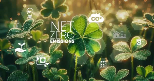 ネットゼロエミッション カーボンニュートラルコンセプト Co2 温室効果ガス排出量ゼロを削減 クローズアップグリーンプラントの背景にある純ゼロアイコンを使用した気候中立的な長期戦略 2050年 長期戦略 — ストック動画
