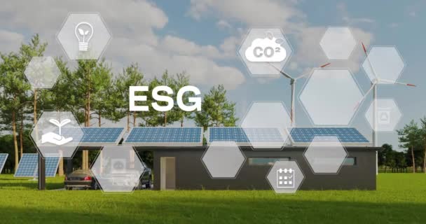 Esg環境社会ガバナンス投資ビジネスコンセプト Esgアイコン ソーラーパンケル グリーンテクノロジーコンセプト ビジネス投資戦略コンセプト デジタルホログラム コーポレート4Kビデオ — ストック動画