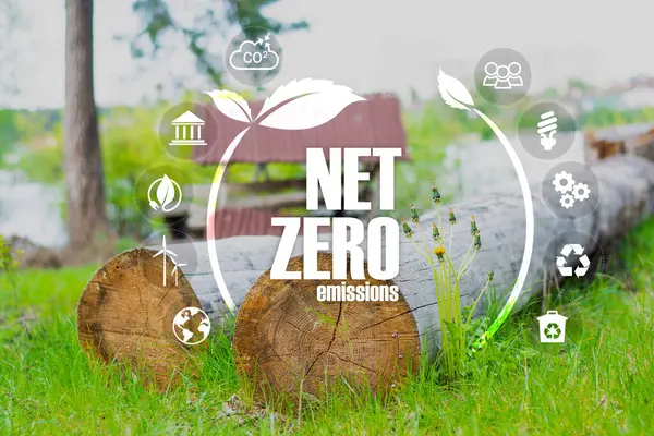 Net zero , carbon neutral concept. Net zero greenhouse gas emissions target. Climate neutral long term strategy with green net zero icon and icon on circles doodle background.