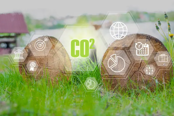 CO2 kavramı azaltır. Yeşil enerji kavramı küresel ısınmayı azaltmaya yardımcı olur. Sektör sıfır karbon konseptinde karbondioksit emisyonu. Poligonal dijital simgeleri olan kurumsal pankart