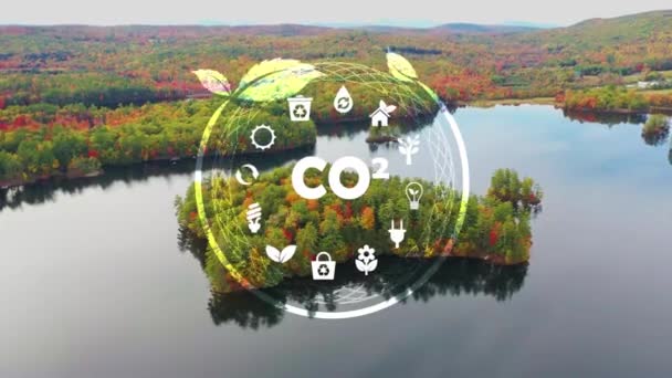 Co2は排出量とカーボンニュートラルコンセプトを削減します グリーンな自然景観 再生可能エネルギーデジタルアイコンをベースとした持続可能な開発とグリーンビジネス — ストック動画