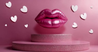 Pembe arka planda parlayan güzel, pembe lateks dudaklar. Makyaj ve dudak parlatıcısı seksi ve çekici. 