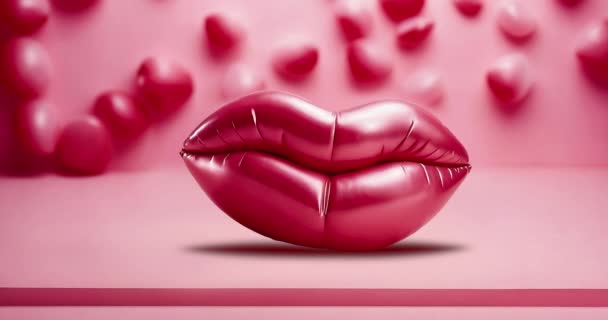 Close Piękna Różowe Lateksowe Usta Poruszające Się Różowym Tle Lateksu — Wideo stockowe