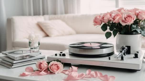Fényes Ezüst Vintage Fehér Vinyl Player Közelében Csokor Meztelen Rózsaszín — Stock videók