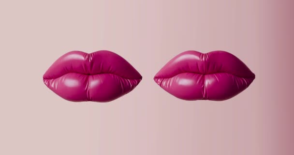 Close Two Pairs Female Pink Latex Lips Isolated Light Pink — Stock Video