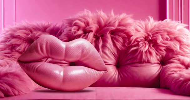 Κοντινό Πλάνο Των Γυναικείων Ροζ Λατέξ Χειλιών Glitter Ροζ Καναπέ — Αρχείο Βίντεο
