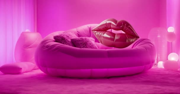 Close Lábios Látex Rosa Feminino Com Brilho Sofá Roxo Maquiagem — Vídeo de Stock