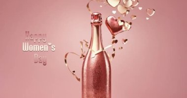  Pembe arkaplanda kalbi olan pembe şampanya şişesi Mutlu Kadınlar Günü tebrik kartı