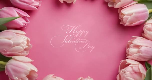 Szczęśliwych Walentynek Piękne Tulipany Różowym Tle Gratulacje Wizytówka Pozdrowienia Wideo — Wideo stockowe