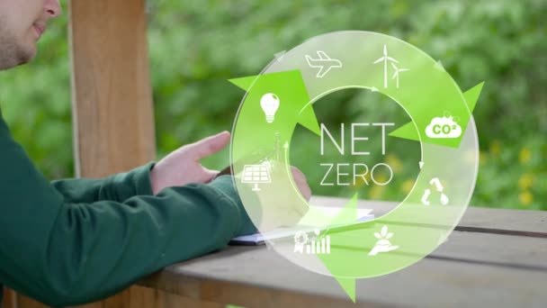 ビジネスマンは自然の中でタブレットに取り組んでいます 純ゼロコンセプト 2050戦略 Esg環境社会ガバナンス投資事業コンセプト — ストック動画