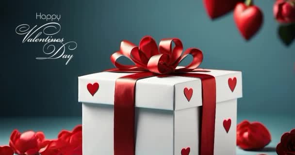 Krásný Dárek Bílá Krabice Červenými Luky Srdce Close Valentýn Den — Stock video