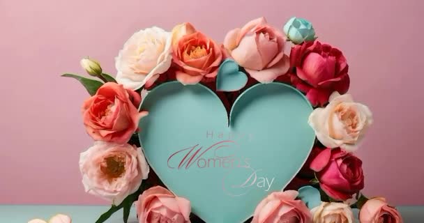 Szczęśliwego Dnia Matki Serce Pocztówkę Kwiaty Kształcie Serca Różowym Tle — Wideo stockowe