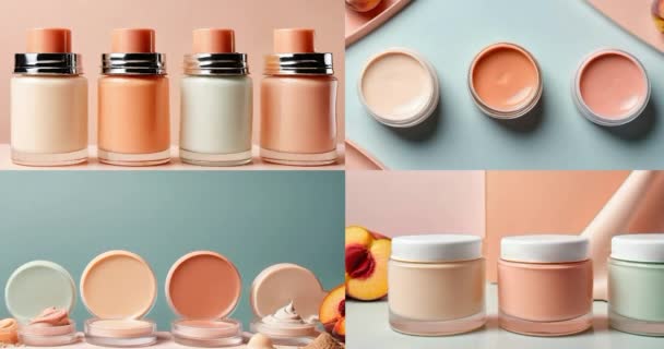 Kollage Kosmetiska Produkter Med Texturer Kosmetiska Burkar För Ansikte Eller — Stockvideo