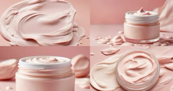 Collage Kosmetisk Produkt Med Texturer Rosa Bakgrund Kosmetisk Burk För — Stockvideo