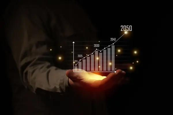 2050 'ye kadar ağ sıfır emisyonu. İklimi değiştirecek ikonlar ve net sıfır sera gazı emisyonu hedefiyle sanal büyüme grafiği tutan bir işadamı. Sürdürülebilir kalkınma ve yeşil iş kavramı.