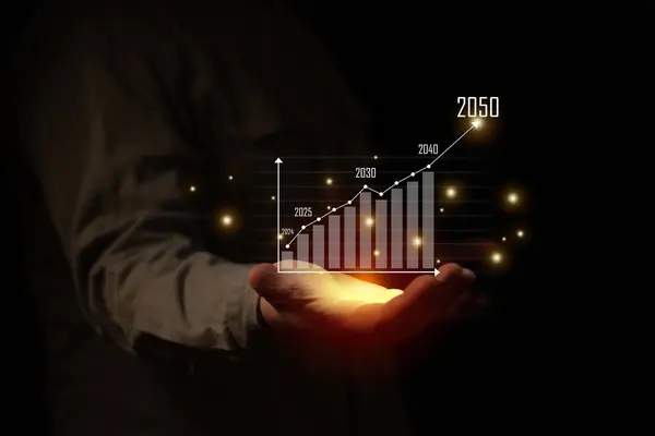 Nettoutsläpp Före 2050 Affärsman Som Håller Virtuell Tillväxt Diagram Med Royaltyfria Stockfoton