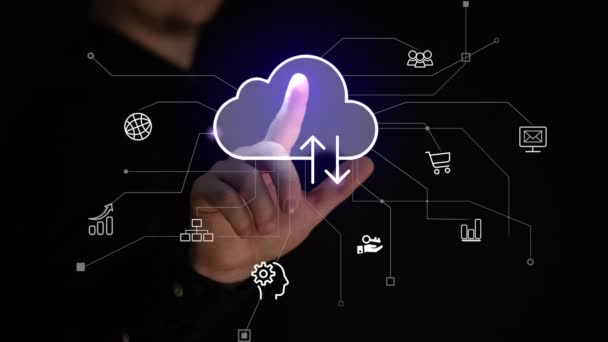 Zakenman Aanraking Cloud Computing Diagram Tonen Bij Hand Cloud Technologie — Stockvideo