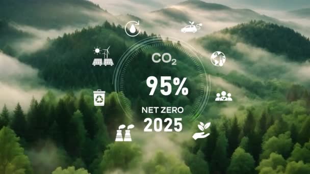 数字仪表板的二氧化碳水平测量百分比降至0 2050年零净排放 政策动画概念 2050年零净排放 碳中和概念二氧化碳减排 — 图库视频影像