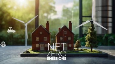  Net sıfır konsept. Sıfır emisyon. Geleceğin yeşil enerji teknolojileri kullanılarak tasarlanmış bir şehrinin 2050 modeli. Her şirket videosunun yanında iç elektrik santralleri var.